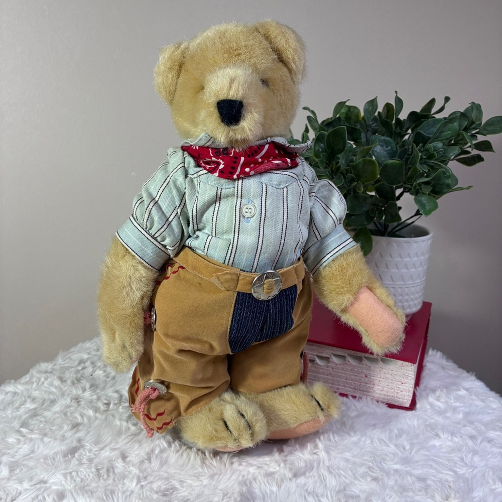 Vintage Fuzzy The Kid Cowboy Teddy Bear Jointed Plush Western with Display Stand